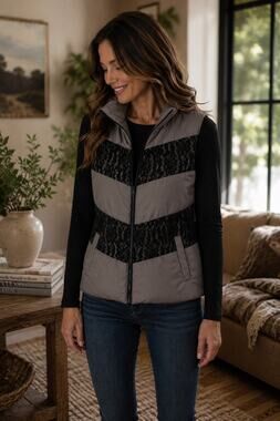 Casual Identity Gray Quilted Puffer Vest Black Lace Zip Front M